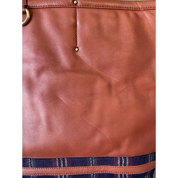 Brooks Brothers 2pc Tote & Wristlet Tan Leather Plaid Tartan Double Shoulder Bag - Picture 12 of 15